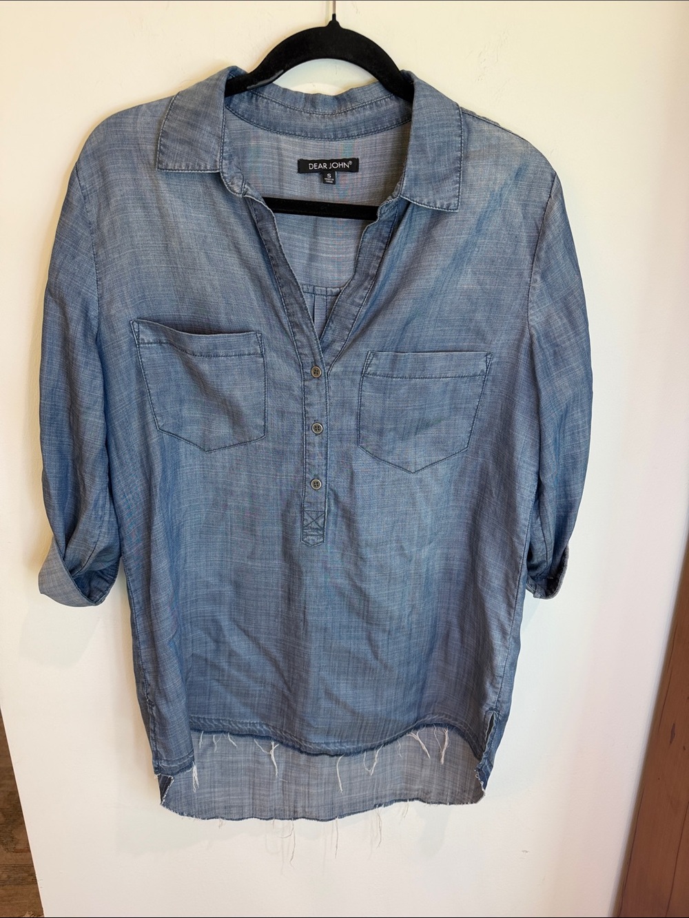 Dear John Blue Chambray High/Low Button-Front Shirt/Tunic w/Frayed Hem, S
